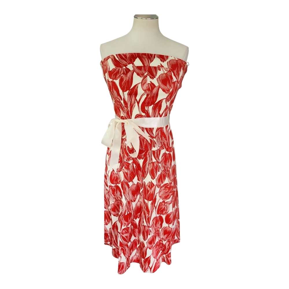 Strapless Red Floral Maxi Dress with Ivory Sash